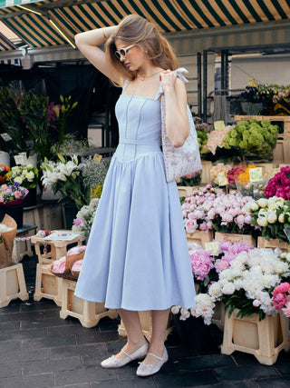 Summer Dress Summer Dresses Flowy Dresses Silky Soft Floral corset Woven Square Neck Guipure Detail Low Rise Pleated A-line Maxi Dress For Date Vacation