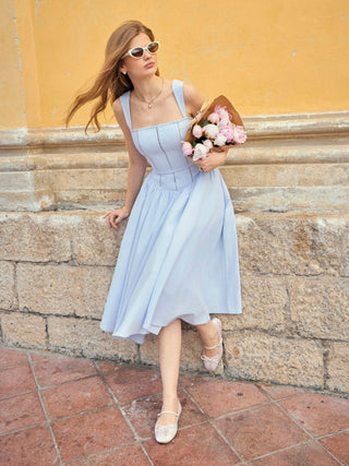 Summer Dress Summer Dresses Flowy Dresses Silky Soft Floral corset Woven Square Neck Guipure Detail Low Rise Pleated A-line Maxi Dress For Date Vacation