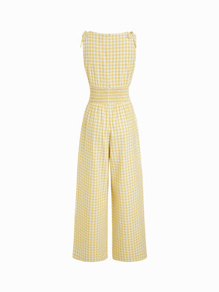 Cotton Gingham Boat Neck Drawstring Wide Leg Jumpsuit