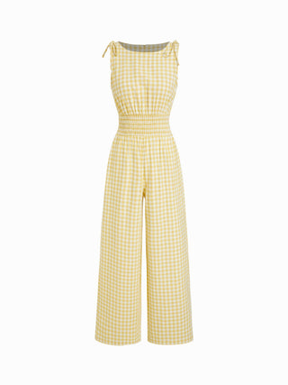 Cotton Gingham Boat Neck Drawstring Wide Leg Jumpsuit