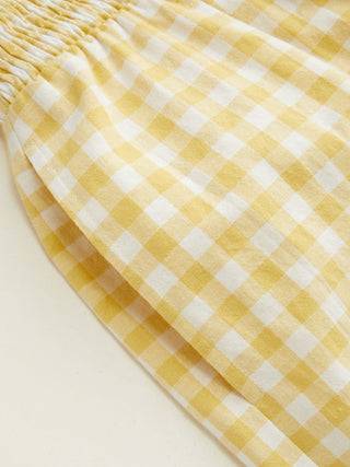 Cotton Gingham Boat Neck Drawstring Wide Leg Jumpsuit