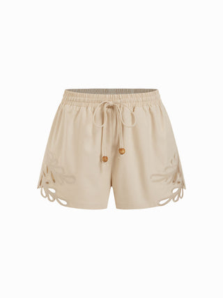 Linen-blend Mid Rise Embroidery Hollow Out Beaded Drawstring Oversized Shorts