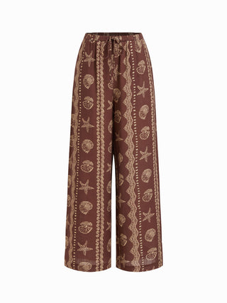 trendy-blouse-collar blouse-collar-keywords Women Blouse Collar Blouse Puff Sleeve Top Linen-blend Linen-blend Low Rise Shell and Starfish Graphic Drawstring Wide Leg Trousers For Daily Casual Vacation