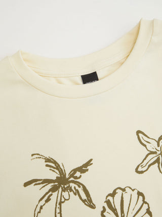 Knit Fabric Cotton-blend Nature Graphic Short Sleeve Embroidery Crop Tee For Vacation Beach