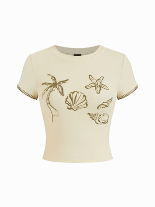 Knit Fabric Cotton-blend Nature Graphic Short Sleeve Embroidery Crop Tee For Vacation Beach