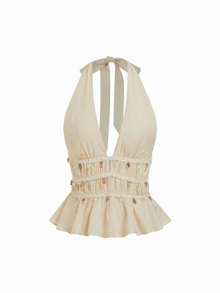 Textured Halter Shell Detail Shirred Ruffle Hem Top