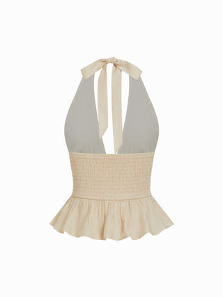 Textured Halter Shell Detail Shirred Ruffle Hem Top