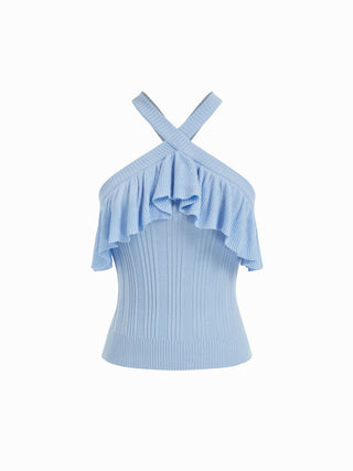 Knit Ribbed Halter Neckline Ruffle Top