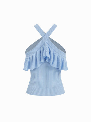 Knit Ribbed Halter Neckline Ruffle Top