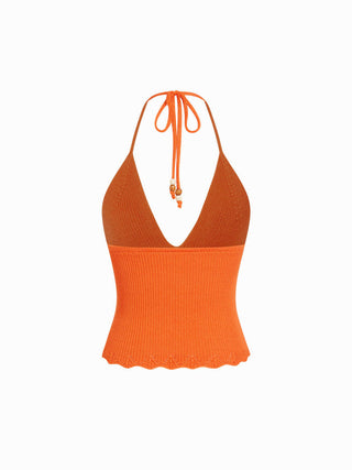 Knit Halter Neckline Pointelle Scalloped Hem Tank Top
