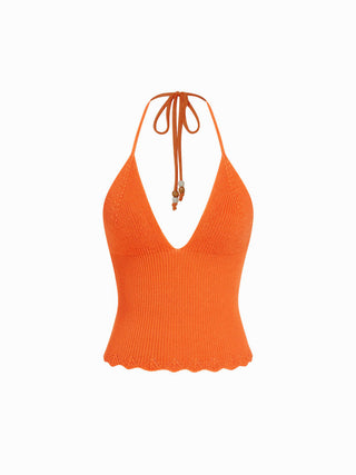 Knit Halter Neckline Pointelle Scalloped Hem Tank Top