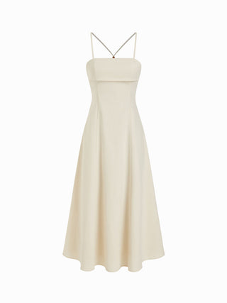 Linen-blend Square Neck Shirred Backless A-line Maxi Strappy Dress