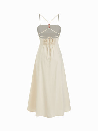 Linen-blend Square Neck Shirred Backless A-line Maxi Strappy Dress