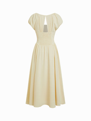 Textured Square Neck Puff Sleeve Ruched Flared Maxi Dress