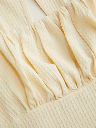 Textured Square Neck Puff Sleeve Ruched Flared Maxi Dress
