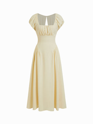 Textured Square Neck Puff Sleeve Ruched Flared Maxi Dress