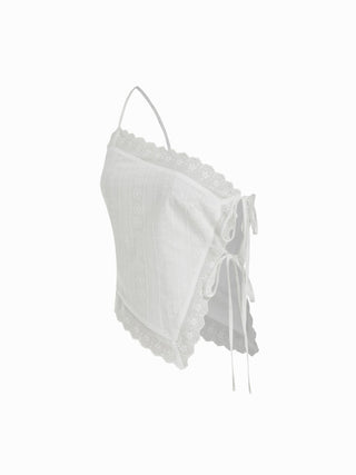 Cotton-blend Asymmetrical Embroidery Broderie Anglaise Trim Tie Side Split Cami Top