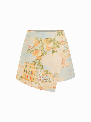 Linen-blend Mid Rise Fruit Graphic Asymmetrical Shorts