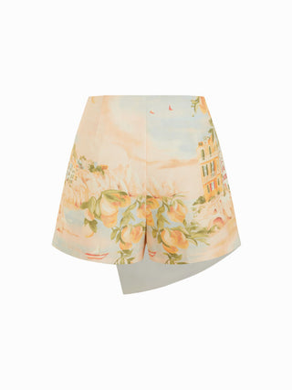 Linen-blend Mid Rise Fruit Graphic Asymmetrical Shorts