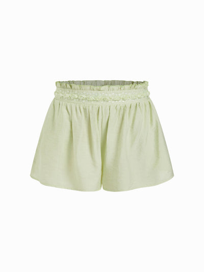 Woven Textured Mid Rise Floral Applique Frill Trim Shorts For Daily Casual Vacation