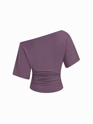 Knit Fabric Asymmetrical Neck Embroidery Ruched Tee For Daily Casual Vacation