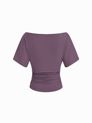 Knit Fabric Asymmetrical Neck Embroidery Ruched Tee For Daily Casual Vacation