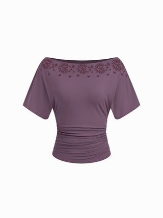 Knit Fabric Asymmetrical Neck Embroidery Ruched Tee For Daily Casual Vacation