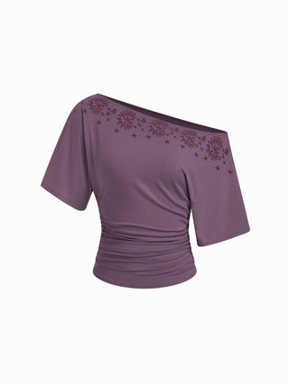 Knit Fabric Asymmetrical Neck Embroidery Ruched Tee For Daily Casual Vacation