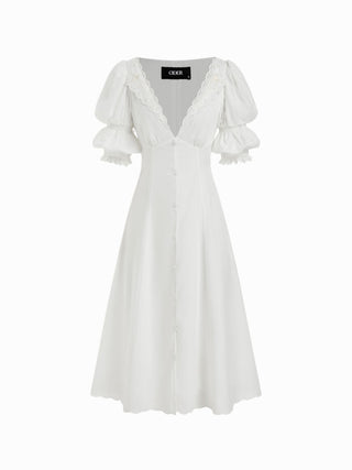 Broderie Anglaise Rose Floral V-neck Puff Sleeve Flared Midi Dress