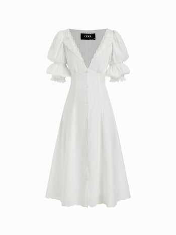 Broderie Anglaise Rose Floral V-neck Puff Sleeve Flared Midi Dress