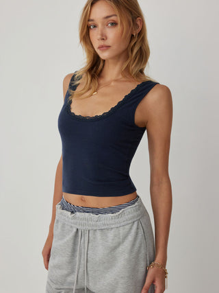 High Stretch Cotton-blend Scoop Neckline Lace Trim Tank Top
