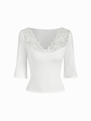 Knit Fabric Cotton-blend V-neck Bell Sleeve Lace Panel Tee For Daily Casual Date