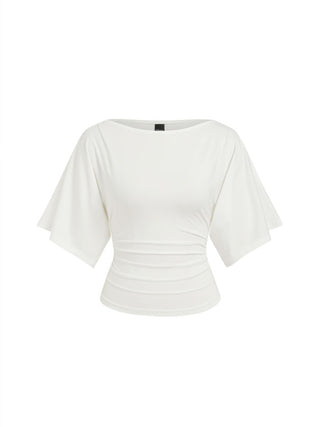 Modal-blend Boat Neck Short Sleeve Cut Out Ruched Top