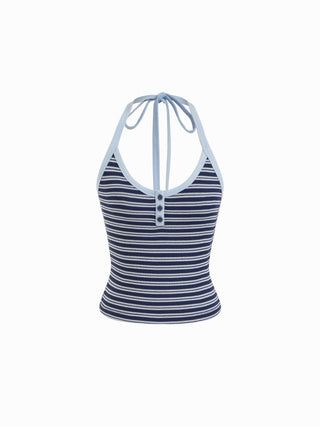 Cotton-blend Textured Stripe Halter Neckline Colorblock Top