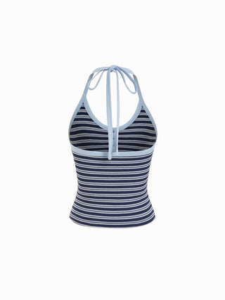 Cotton-blend Textured Stripe Halter Neckline Colorblock Top