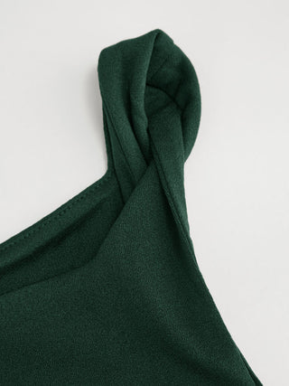 Knit Fabric Boat Neck Ruched Asymmetrical Hem Wide Leg Jumpsuit For Daily Casual Work