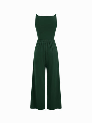 Knit Fabric Boat Neck Ruched Asymmetrical Hem Wide Leg Jumpsuit For Daily Casual Work