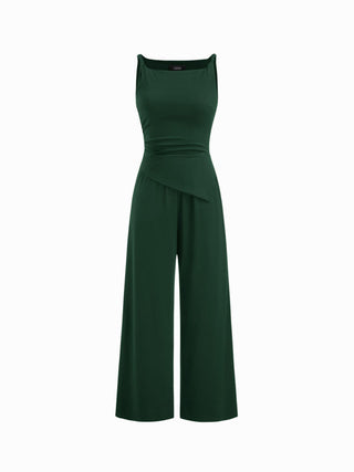 Knit Fabric Boat Neck Ruched Asymmetrical Hem Wide Leg Jumpsuit For Daily Casual Work