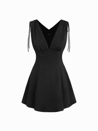 Satin V-neck Drawstring A-line Mini Dress