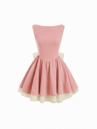 Knit Fabric Colorblock Boat Neck High Rise Bowknot Flared Mini Dress For Daily Casual Date