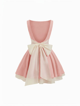 Knit Fabric Colorblock Boat Neck High Rise Bowknot Flared Mini Dress For Daily Casual Date