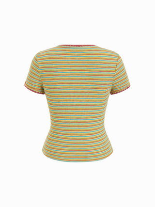 Textured Striped Color-block Scallop Trim Short Sleeve Top