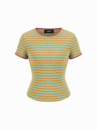 Textured Striped Color-block Scallop Trim Short Sleeve Top