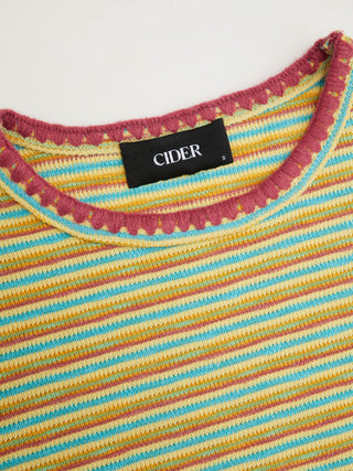 Textured Striped Color-block Scallop Trim Short Sleeve Top