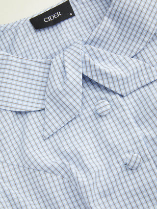 Cotton-blend Gingham Peter Pan Collar Puff Sleeve Bowknot Blouse