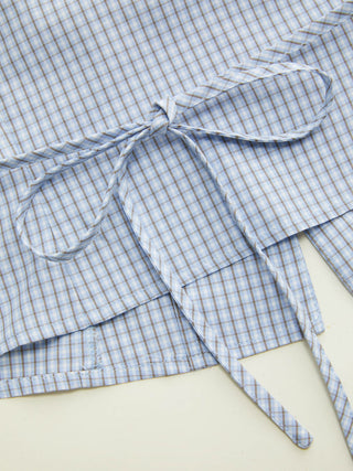Cotton-blend Gingham Peter Pan Collar Puff Sleeve Bowknot Blouse
