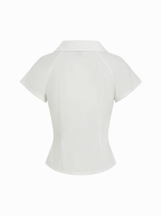 Cotton Notched Collar Short Sleeve Button Through Blouse