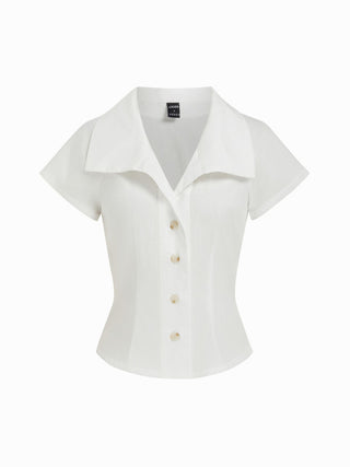 Cotton Notched Collar Short Sleeve Button Through Blouse