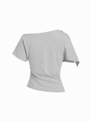 Cotton-blend Asymmetrical Neck Draped Button Short Sleeve Top