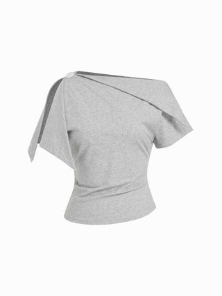 Cotton-blend Asymmetrical Neck Draped Button Short Sleeve Top